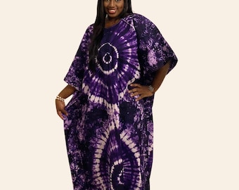Long African batik dress – Women’s cotton tie-dye boubou – Hakiza dress, one size – Makeba / Gan dress – Flowing indigo-dyed dress