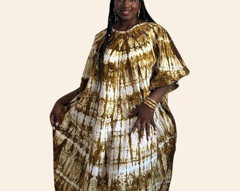 Long African batik dress – Women’s cotton tie-dye boubou – Hakiza dress, one size – Makeba / Gan dress – Flowing indigo-dyed dress