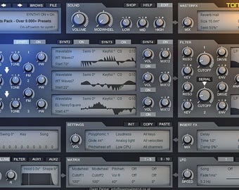 May include: A digital audio workstation interface with numerous knobs, sliders, and buttons. The interface is dark gray with blue accents and text labels. The top section displays "SynthModern" and "TONE2 ELECTRA2". The interface is designed for music production.