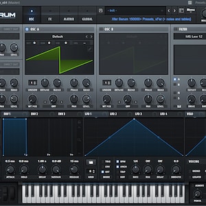 Op de afbeelding: Een screenshot van de interface van de Serum synthesizer-software. De interface is donkergrijs met blauwe en groene accenten. De interface bevat een toetsenbord, knoppen, schuifregelaars en een golfvormweergave.
