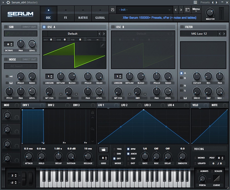 Op de afbeelding: Een screenshot van de interface van de Serum synthesizer-software. De interface is donkergrijs met blauwe en groene accenten. De interface bevat een toetsenbord, knoppen, schuifregelaars en een golfvormweergave.