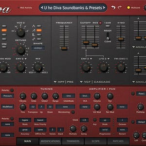 Peut inclure: Interface de station de travail audio numérique (DAW) avec un schéma de couleurs rouge foncé et noir. Il comporte de nombreux boutons, curseurs et boutons pour la conception sonore et la production musicale, avec le mot "Diva" en haut.