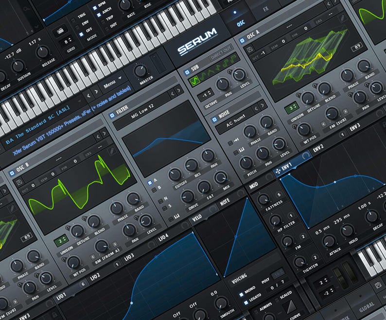 Op de afbeelding: Een screenshot van de interface van de Serum synthesizer-software. De interface is donkergrijs met blauwe en groene accenten. De interface bevat een toetsenbord, meerdere knoppen, schuifregelaars en knoppen. De tekst "SERUM" wordt weergegeven in witte letters op een blauwe achtergrond.