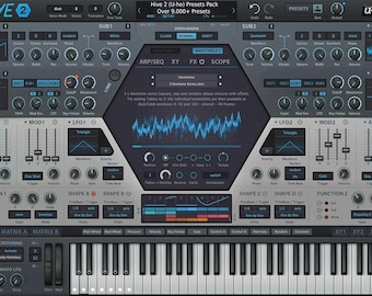 May include: A digital audio workstation (DAW) interface with a keyboard, knobs, sliders, and a central display showing waveforms. The interface is primarily gray and black with blue accents, and the text "HIVE 2" is visible at the top.