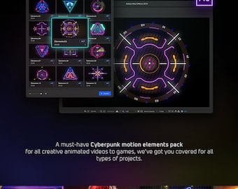 May include: A digital graphic showcasing a Cyberpunk HUD with 500 elements. The image features neon-style graphics, including a circular display and various animated elements. The text reads "500 ELEMENTS CYBERPUNK HUD" and "Ae".