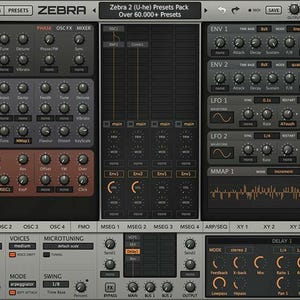 May include: A digital audio workstation (DAW) interface with many knobs, sliders, and buttons. The interface is dark grey with orange and brown accents. The text "Zebra 2" and "Over 60,000+ Presets" are visible.