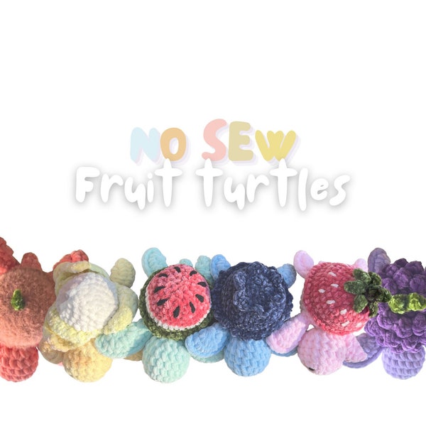 Motif tortue fruitée au crochet 6 en 1 | Télécharger le fichier PDF Amigurumi sans couture, animal en peluche, créature marine, idée cadeau d'anniversaire en peluche, fraise