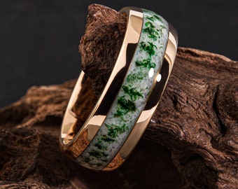 Moss Agate Tungsten Gold 18K Ring 8mm Polish Mens Tungsten Wedding Ring Moss Agate Rose Gold Ring Mens Ring Engagement Ring Mens Ring