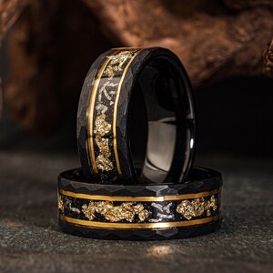 Meteorite Hammered Gold Leaf Band Wedding Mens Ring Black Hammered Wedding Ring Tungsten Ring Crushed Gold Ring Hammered Brushed Ring Etsy