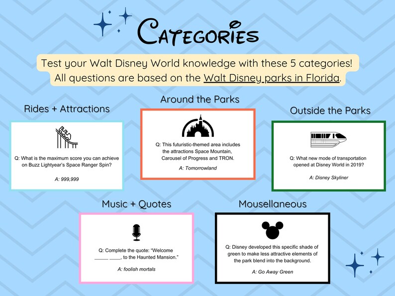 Theme Park Trivia Printable Cards Family Game Night Trivia Digital