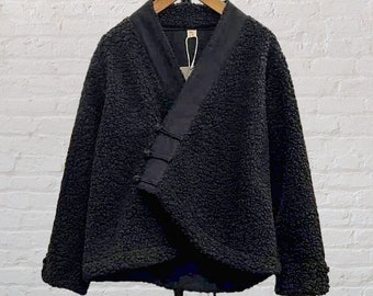 Veste inspirée du kimono japonais en coton vintage noir avec ceinture chinoise – Vêtements d’extérieur d’hiver pour femmes