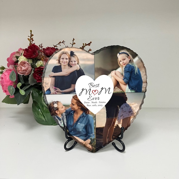 Custom Heart Slate Picture Frame, Mom Gift, Personalized Photo Rock Plaque with Your Text, Perfect Customized Gifts for Mom, Wife