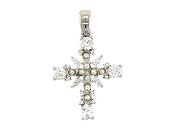 Sterling Silver Cross Pendant with Pearls, CZ Religious Cross Necklace Charm, Faith Jewelry Gift