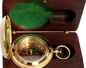 Handcrafted Brass Push Button Compass, Nautical Keepsake in Wooden Box (Graduation Gift)