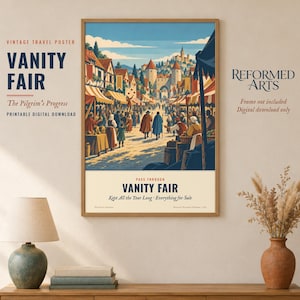 Może przedstawiać: Oprawiony plakat podróżniczy zatytułowany Vanity Fair, The Pilgrim's Progress, przedstawiający tętniący życiem średniowieczny rynek z kolorowymi straganami, ludźmi w strojach z epoki i kamiennymi budynkami pod błękitnym niebem z tekstem Pass Through Vanity Fair Kept All the Year Long Everything for Sale.