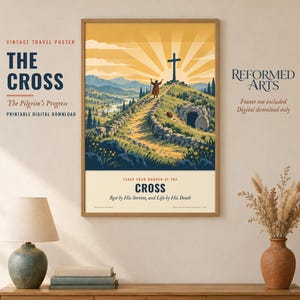 Może przedstawiać: Plakat podróżniczy w stylu vintage zatytułowany THE CROSS, przedstawiający ilustrację osoby idącej kamienną ścieżką w stronę krzyża na wzgórzu pod promieniami słońca. Tekst zawiera THE CROSS, The Pilgrim's Progress oraz LEAVE YOUR BURDEN AT THE CROSS.