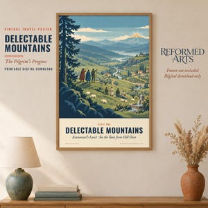 Może przedstawiać: Plakat podróżniczy w stylu vintage zatytułowany Delectable Mountains, The Pilgrim's Progress. Ilustracja przedstawia postacie na wzgórzu z widokiem na dolinę, owce i góry o wschodzie słońca. Tekst zawiera: Visit the Delectable Mountains, Emmanuel's Land, See the Gate from Hill Clear.