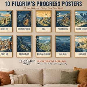 Może przedstawiać: Kolekcja 10 plakatów Pilgrim's Progress z ilustracjami podróżniczymi w stylu vintage, przedstawiającymi sceny takie jak Wicket Gate, Interpreter's House, Krzyż, Palace Beautiful, Valley of Humiliation, Vanity Fair, Doubting Castle, Delectable Mountains, River Jordan i Celestial City.