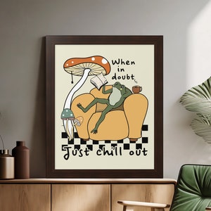 Frog Mushroom Wall Art, Vintage Retro Style, Framed, Happy Mental Health Good Vibe Wall Art, Retro Frog Wall Art