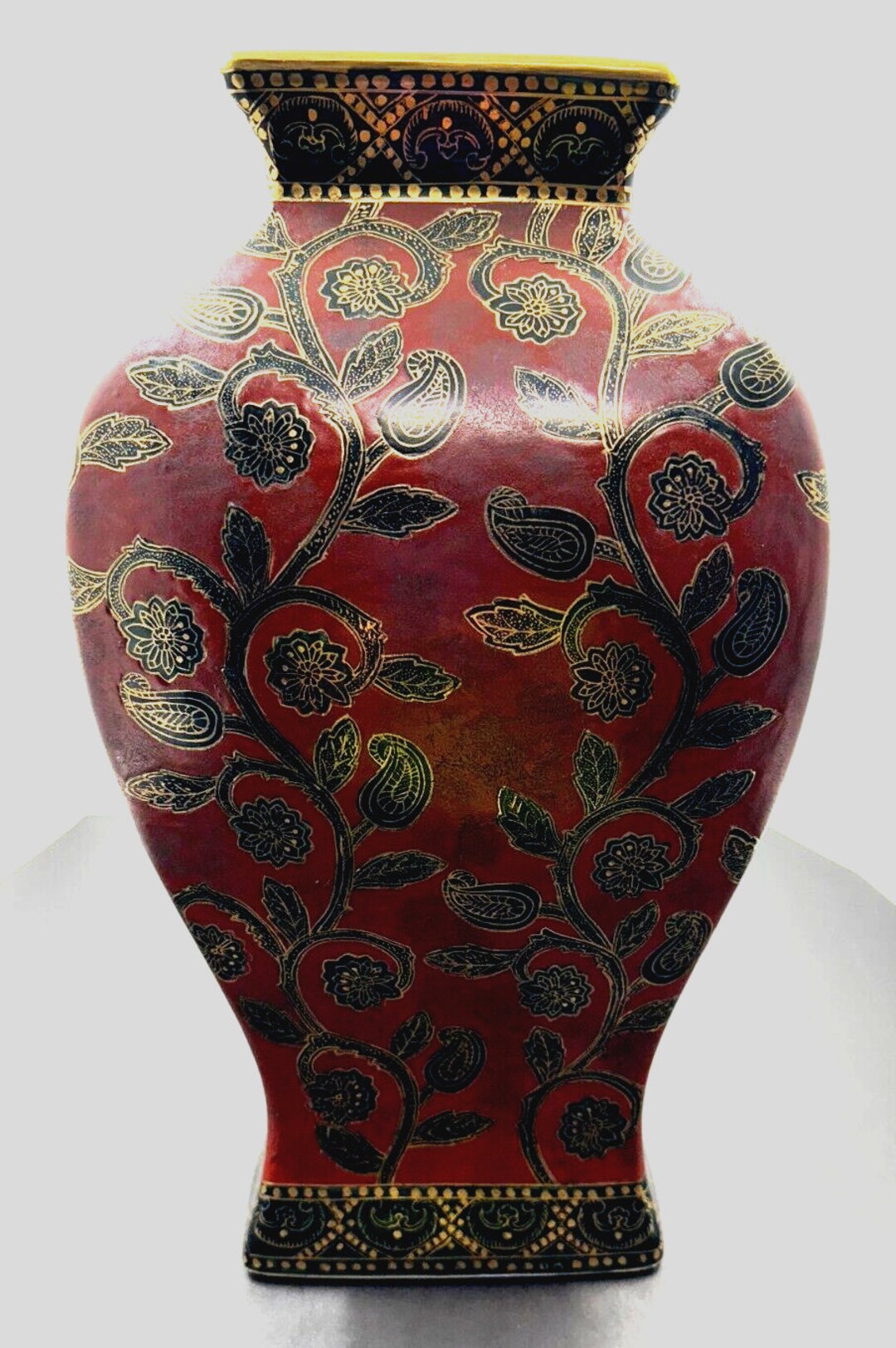 Vintage Deep Red Textured Oriental Accent Vase 14in Tall Home Decor