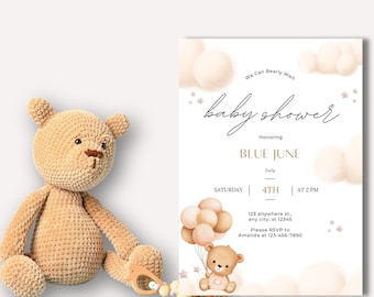 Neutral Teddy Bear Baby Shower Invitation | We Can Bearly Wait Boho Template