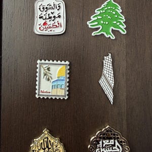 May include: A selection of decorative pins with diverse designs. Includes a green tree, a stamp with a mosque, a map outline, and pins with Arabic calligraphy. The pins are in various shapes and colours, with intricate details.