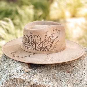 Boho Floral Fedora Hat &quot;Tender Tulips&quot; | Hand-Drawn Vegan Suede Wide Brim Hat for Women | Whimsical Festival Fashion Accessory | Custom Hat