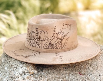 Hand-Drawn Floral Fedora Hat | Vegan Suede Boho Rancher
