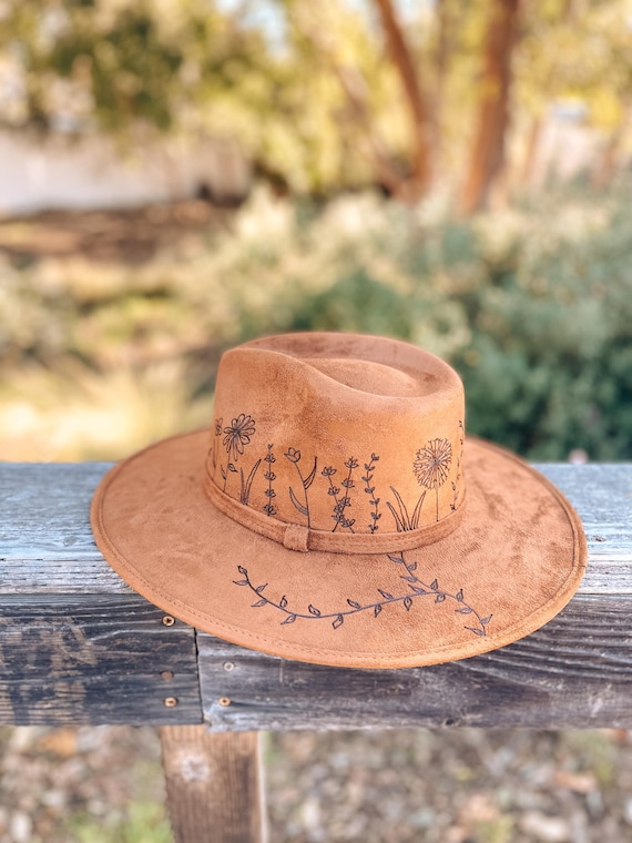 Hand-drawn Floral Fedora | Vegan Suede Wide Brim Hat - Etsy display picture 2