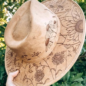 Boho Floral Fedora Hat &quot;Superbloom&quot; | Hand-Drawn Vegan Suede Wide Brim Hat for Women | Whimsical Festival Fashion Accessory | Custom Hat