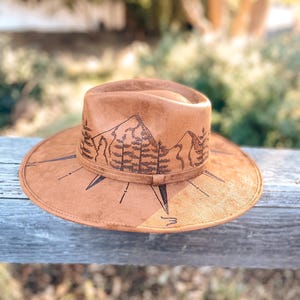 Graduation Gift - Mountain Fedora Hat for Women &quot;PNW Compass&quot; - Hand-Drawn Vegan Suede Wide Brim Hat - Boho Western Hat with Nature Scene