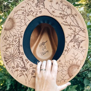 Boho Floral Fedora Hat &quot;Secret Garden&quot; | Hand-Drawn Vegan Suede Wide Brim Hat for Women | Whimsical Festival Fashion Accessory | Custom Hat