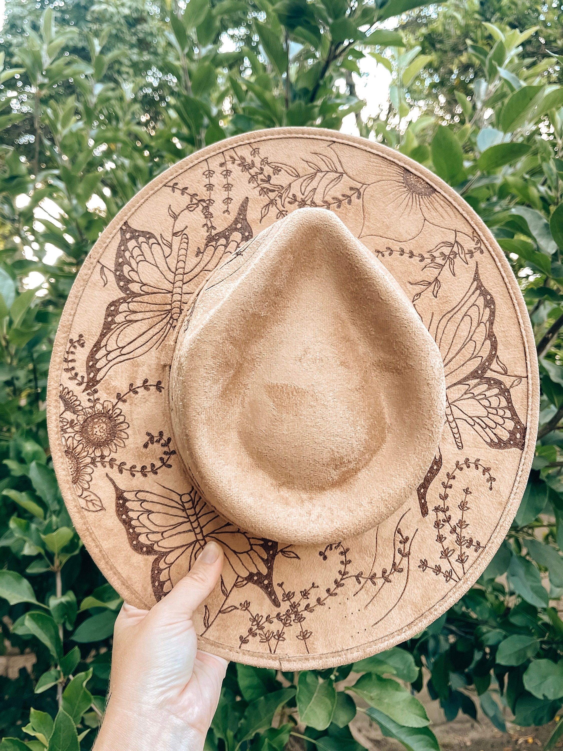 Hand-drawn Butterfly Fedora – Boho Vegan Suede Wide Brim Hat  display picture 2