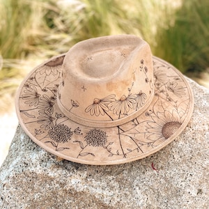 Boho Floral Fedora Hat &quot;Superbloom (Top Only)&quot; | Hand-Drawn Vegan Suede Wide Brim Hat for Women | Whimsical Festival Fashion Accessory