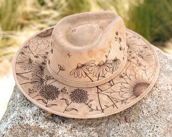 Floral Fedora Hat | Hand-Drawn Vegan Suede Wide Brim Sunhat