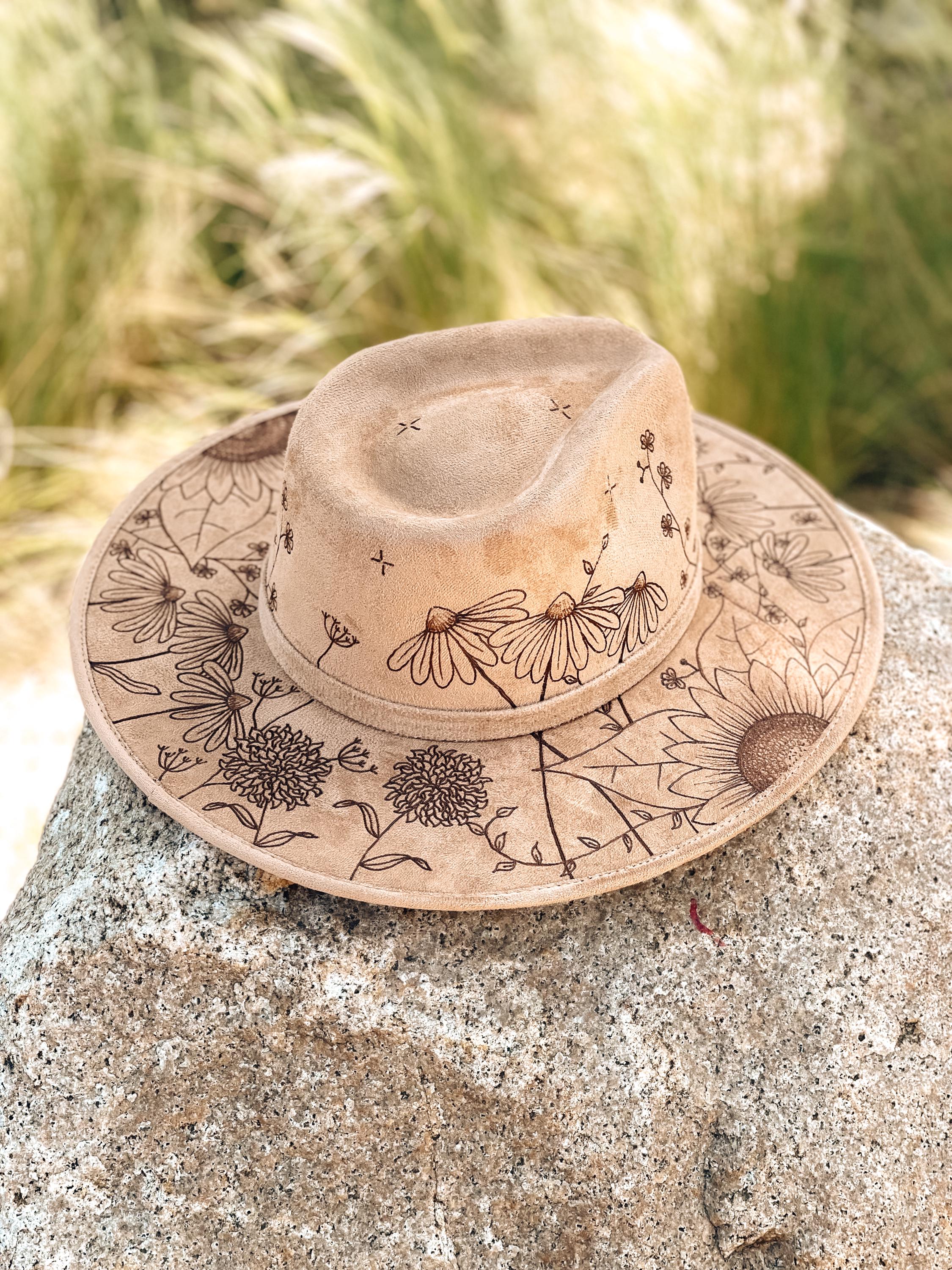 Floral Fedora Hat | Hand-drawn Vegan Suede Wide Brim Sunhat  display picture 1
