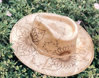 Hand-Drawn Sunflower Fedora | Vegan Suede Boho Hat