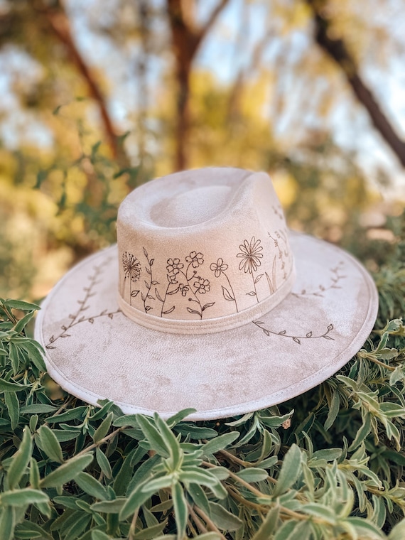 Hand-drawn Floral Fedora | Vegan Suede Wide Brim Hat - Etsy display picture 1