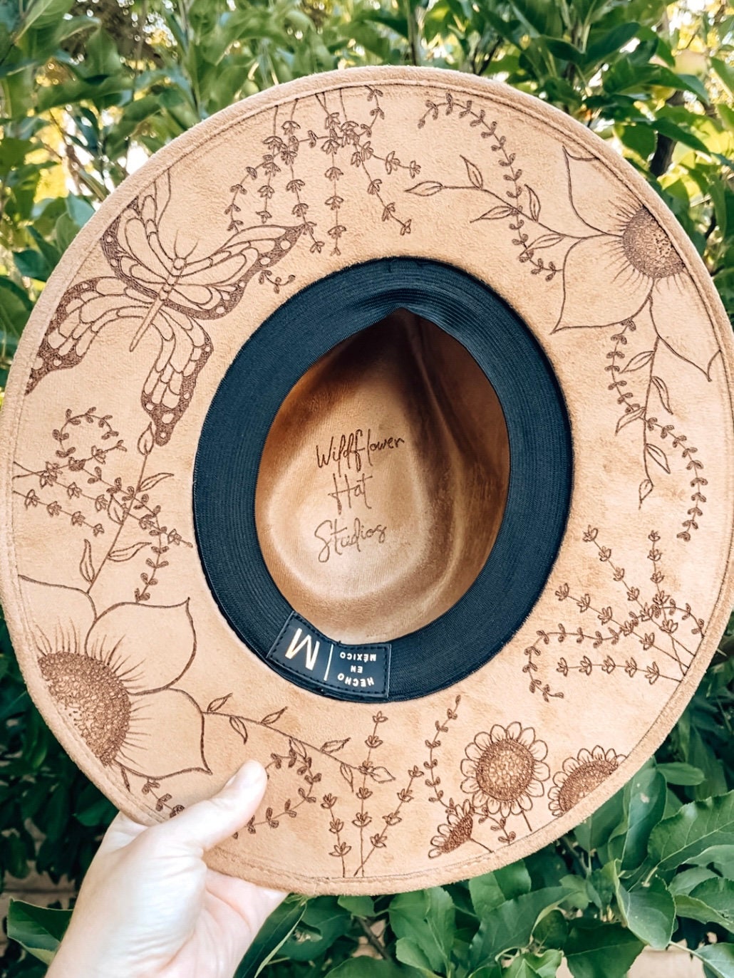 Hand-drawn Butterfly Fedora – Boho Vegan Suede Wide Brim Hat  display picture 3