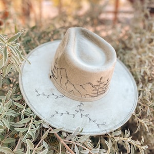 Mountain Fedora Hat for Women &quot;Mountain Whimsy&quot; | Hand-Drawn Vegan Suede Wide Brim Hat | Boho Western Hat with Nature Scene