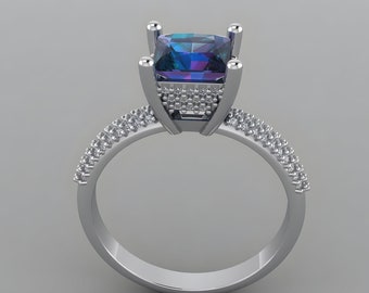 3D STL | Princess Cut Alexandrite Engagement Ring | Classic Bridal | Eternity Diamond French Pave