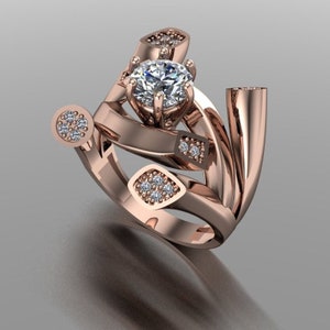 May include: A rose gold ring featuring a large, round, clear diamond at its centre. The ring has a distinctive, twisted design with smaller diamonds set into the band.