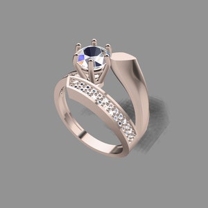 May include: A rose gold engagement ring with a large, round, clear center stone and a band of smaller, clear stones.