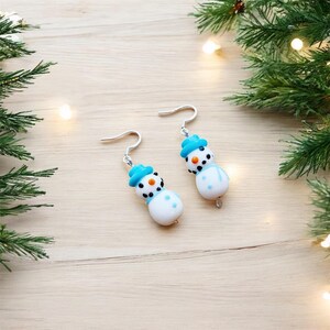 cute snowman earrings, unique novelty jewelry, funky accessory, advent calendar gift, lamp work beads, holiday party earring, christmas gift