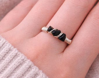 wire wrapped crystal ring, black tourmaline stone jewelry, earthy boho gemstone accessory, silver stackable band, gift for hippie friends