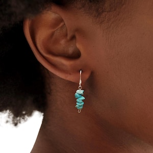May include: Turquoise gemstone dangle earrings with a silver hook. The earrings are shown on a person's ear.