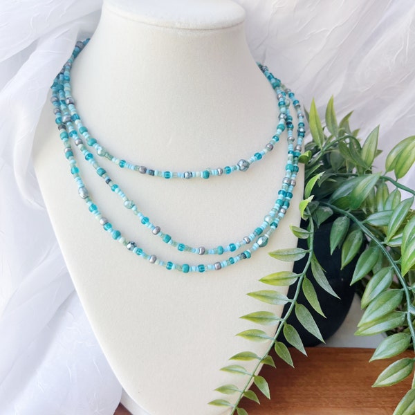 dainty blue crystal beaded layering necklace, thin delicate gemstone jewelry, turquoise mixed seed bead choker, gift for her present for mom