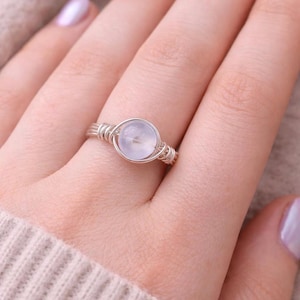 wire wrapped crystal ring, blue celestite  stone jewelry, earthy boho gemstone accessory, silver stackable band, gift for hippie friends