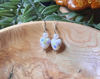 dainty porcelain heart dangle earring, cottagecore floral ceramic beaded jewelry, simple white heart shaped pendant, elegant wedding gifts