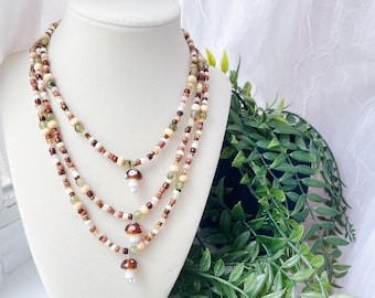 earthy hippie beaded necklace, cottagecore mushroom accessory, botanical fairycore aesthetic, whimsical boho jewelry, cute mushroom gifts